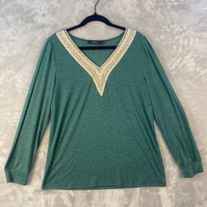 ZESICA Womens Green Long Sleeve Top with Crochet V Neck -‎ Size L